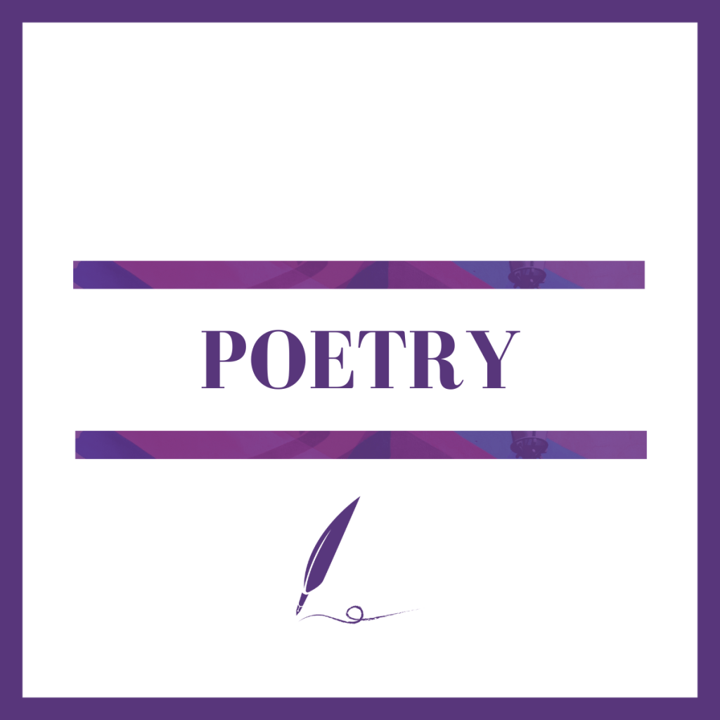 Graphic featuring the word 'POETRY' in bold purple letters, with decorative purple stripes and a pen illustration at the bottom.